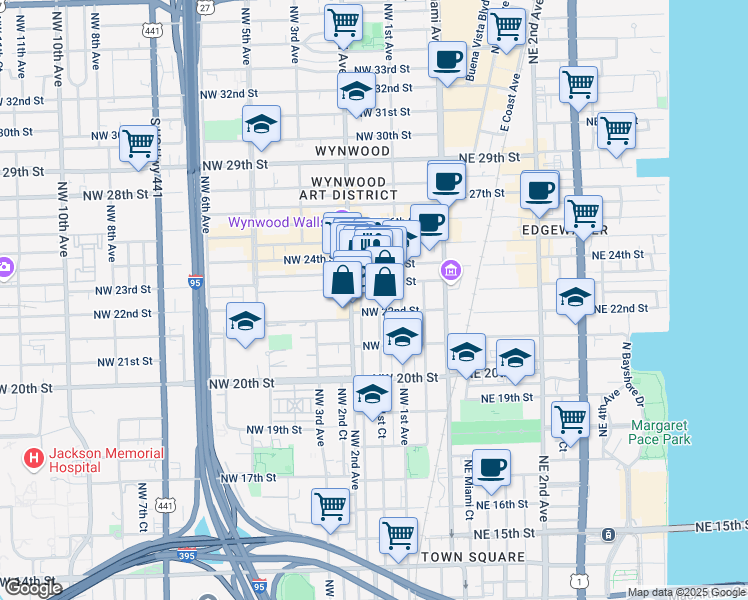 map of restaurants, bars, coffee shops, grocery stores, and more near 2229 Northwest 1st Court in Miami