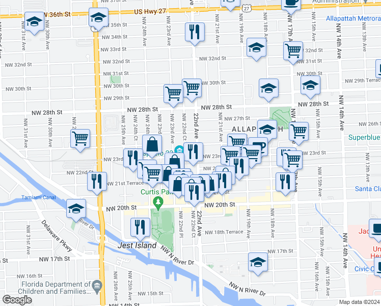 map of restaurants, bars, coffee shops, grocery stores, and more near 2201 Northwest 23rd Street in Miami