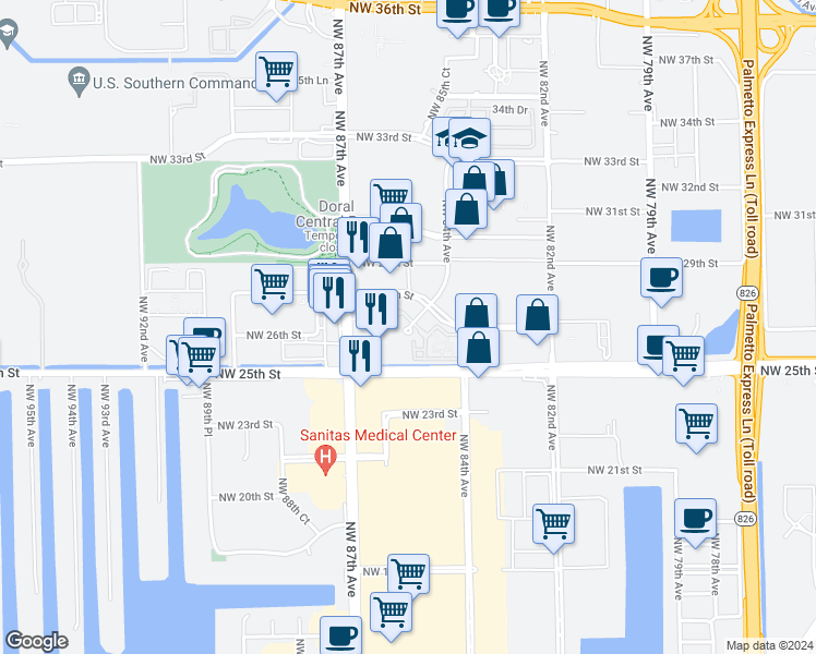 map of restaurants, bars, coffee shops, grocery stores, and more near 2611 Northwest 84th Avenue in Doral