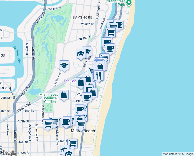 map of restaurants, bars, coffee shops, grocery stores, and more near 2301 Collins Avenue in Miami Beach