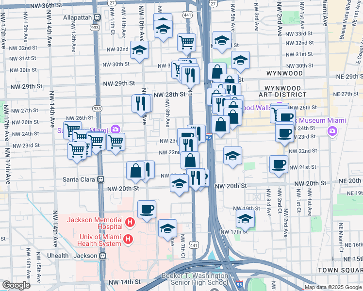 map of restaurants, bars, coffee shops, grocery stores, and more near 2200 Northwest 7th Avenue in Miami