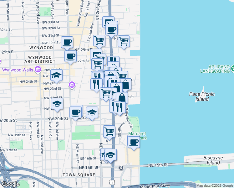 map of restaurants, bars, coffee shops, grocery stores, and more near 2200 Northeast 4th Avenue in Miami