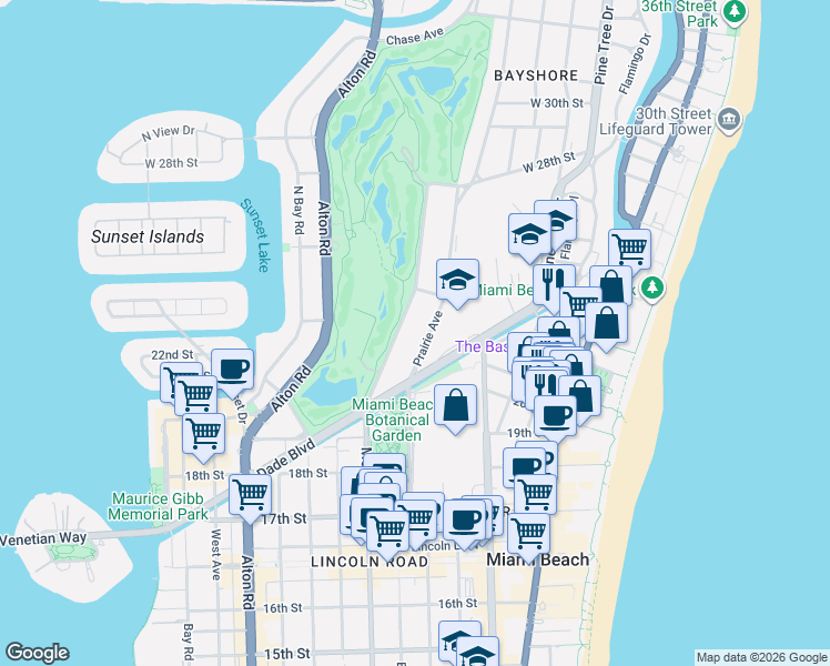 map of restaurants, bars, coffee shops, grocery stores, and more near 2094 Prairie Avenue in Miami Beach