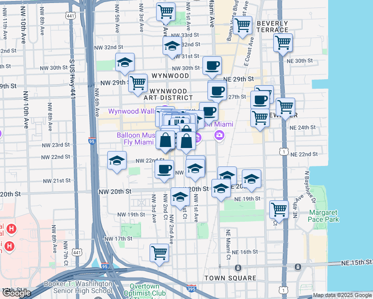 map of restaurants, bars, coffee shops, grocery stores, and more near 2229 Northwest 1st Court in Miami