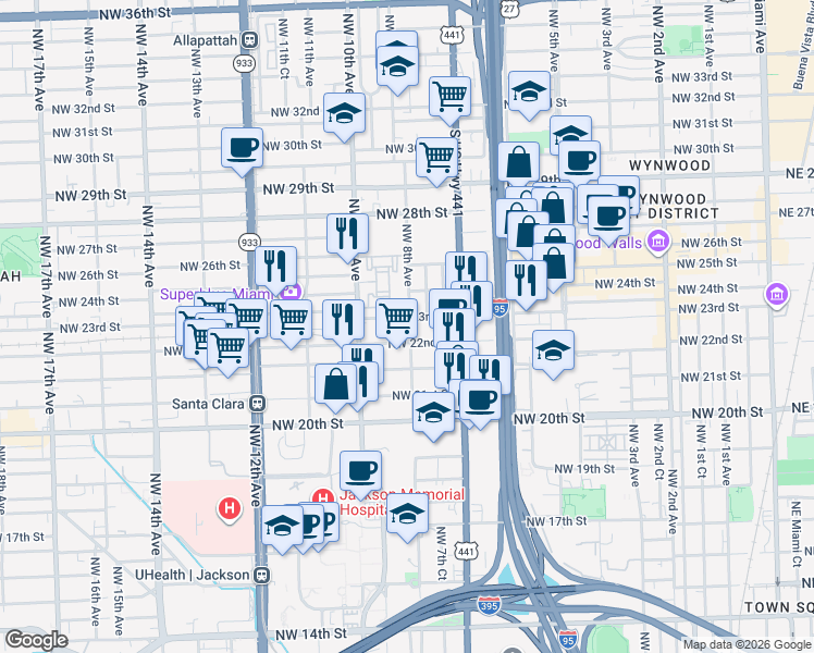 map of restaurants, bars, coffee shops, grocery stores, and more near 820 Northwest 23rd Street in Miami