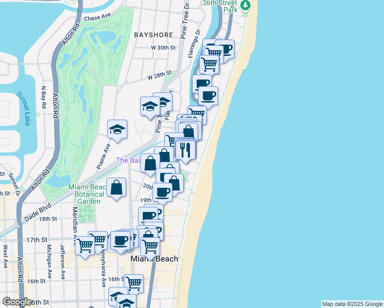 map of restaurants, bars, coffee shops, grocery stores, and more near 2301 Collins Avenue in Miami Beach