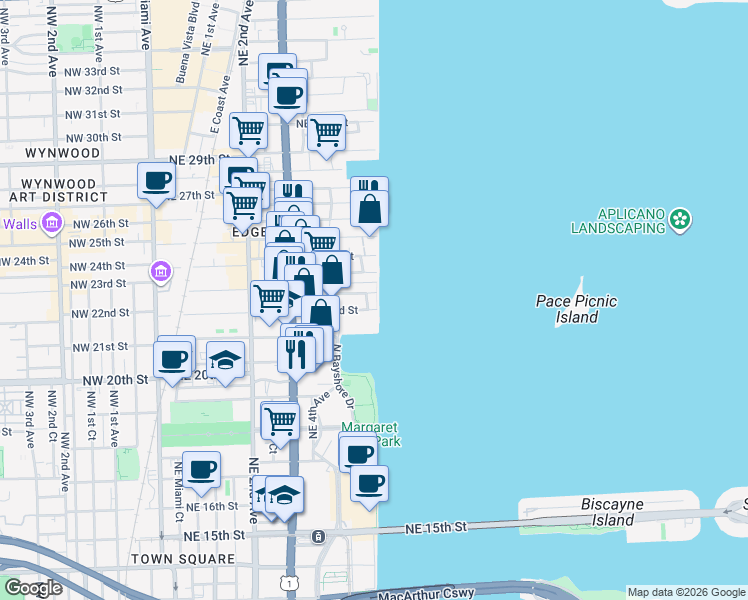 map of restaurants, bars, coffee shops, grocery stores, and more near 725 Northeast 22nd Street in Miami
