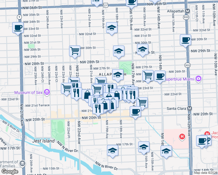 map of restaurants, bars, coffee shops, grocery stores, and more near 2303 Northwest 19th Avenue in Miami