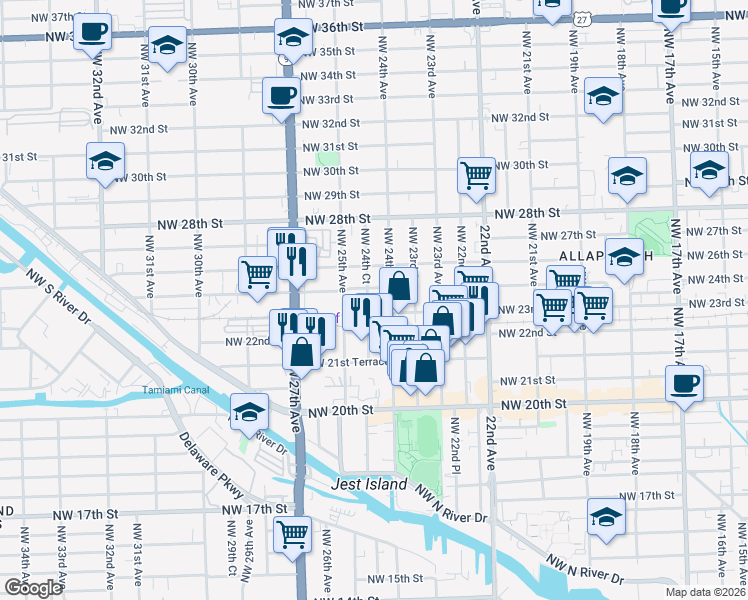 map of restaurants, bars, coffee shops, grocery stores, and more near 2435 Northwest 23rd Street in Miami