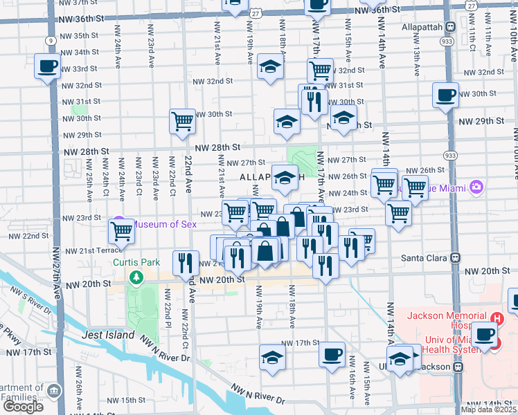 map of restaurants, bars, coffee shops, grocery stores, and more near 2303 Northwest 19th Avenue in Miami