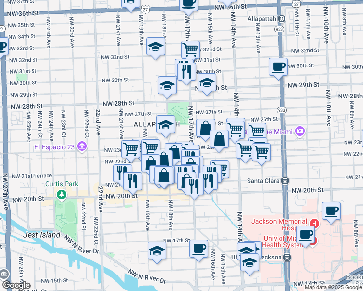 map of restaurants, bars, coffee shops, grocery stores, and more near 1749 Northwest 23rd Street in Miami