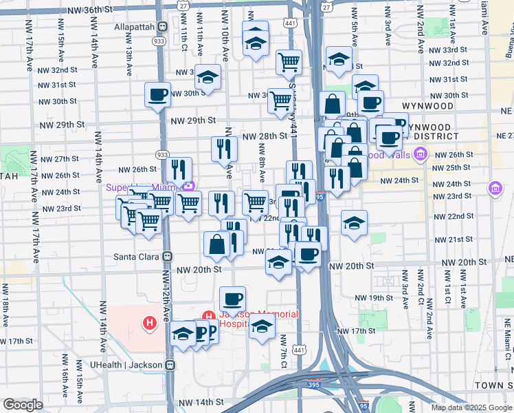 map of restaurants, bars, coffee shops, grocery stores, and more near 820 Northwest 23rd Street in Miami