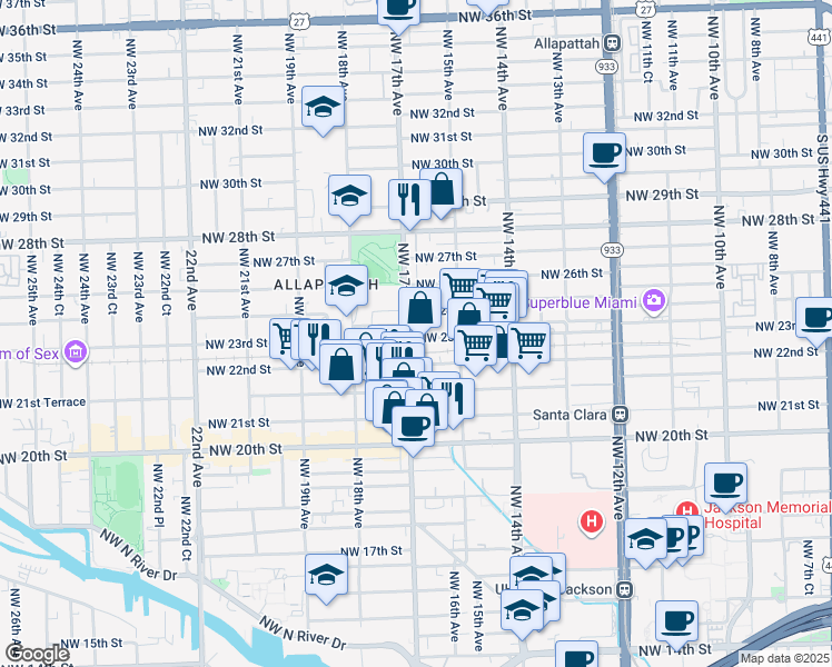 map of restaurants, bars, coffee shops, grocery stores, and more near 2301 Northwest 17th Avenue in Miami