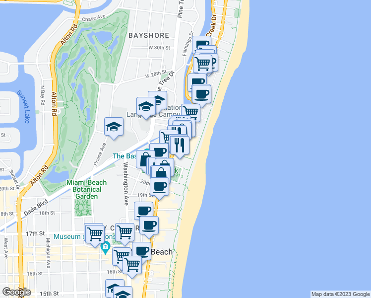 map of restaurants, bars, coffee shops, grocery stores, and more near 2301 Collins Avenue in Miami Beach