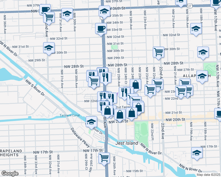 map of restaurants, bars, coffee shops, grocery stores, and more near 2325 Northwest 27th Avenue in Miami