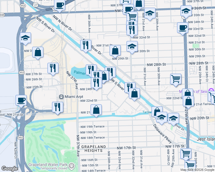 map of restaurants, bars, coffee shops, grocery stores, and more near 3486 Northwest 25th Street in Miami