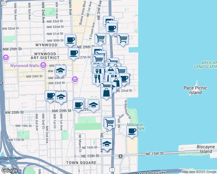 map of restaurants, bars, coffee shops, grocery stores, and more near 2200 Biscayne Boulevard in Miami
