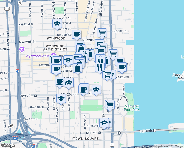 map of restaurants, bars, coffee shops, grocery stores, and more near 100 Northeast 23rd Street in Miami