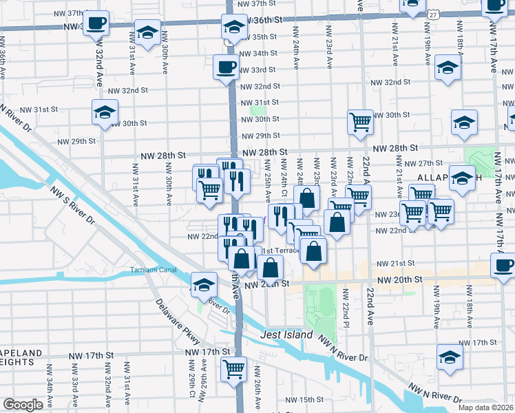 map of restaurants, bars, coffee shops, grocery stores, and more near 2308 Northwest 25th Avenue in Miami