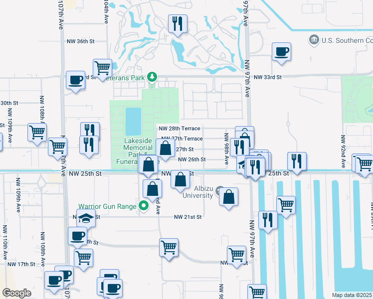 map of restaurants, bars, coffee shops, grocery stores, and more near 9938 Northwest 27th Street in Doral