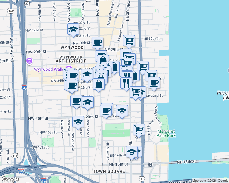 map of restaurants, bars, coffee shops, grocery stores, and more near 100 Northeast 23rd Street in Miami