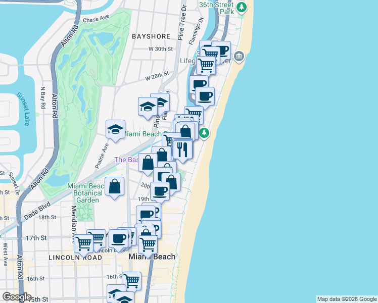 map of restaurants, bars, coffee shops, grocery stores, and more near 2301 Collins Avenue in Miami Beach