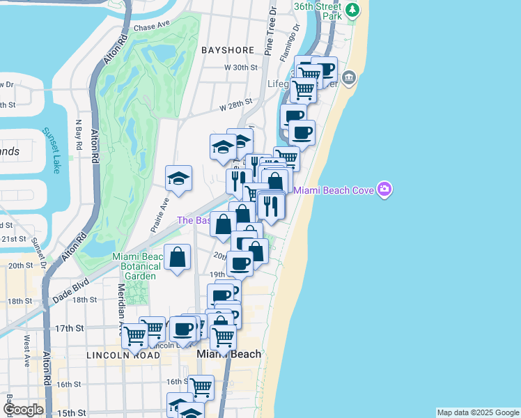 map of restaurants, bars, coffee shops, grocery stores, and more near in Miami Beach
