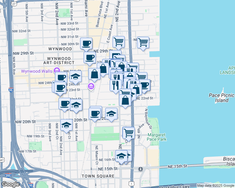 map of restaurants, bars, coffee shops, grocery stores, and more near 2304 Northeast 2nd Avenue in Miami