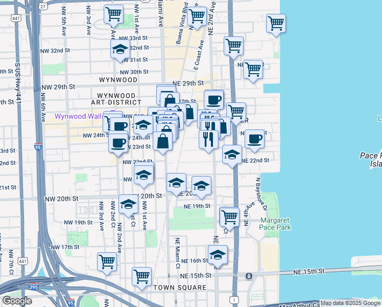 map of restaurants, bars, coffee shops, grocery stores, and more near 100 Northeast 23rd Street in Miami