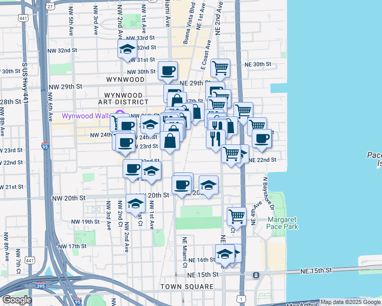 map of restaurants, bars, coffee shops, grocery stores, and more near 100 Northeast 23rd Street in Miami