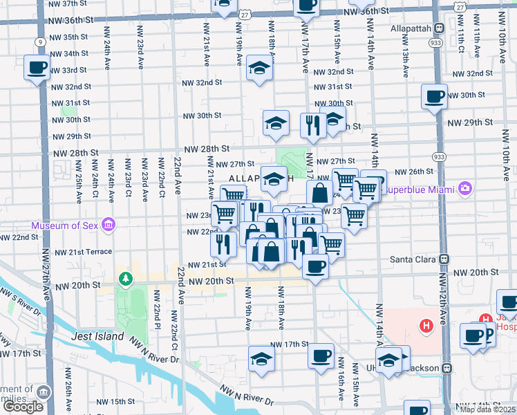 map of restaurants, bars, coffee shops, grocery stores, and more near 1827 Northwest 23rd Street in Miami