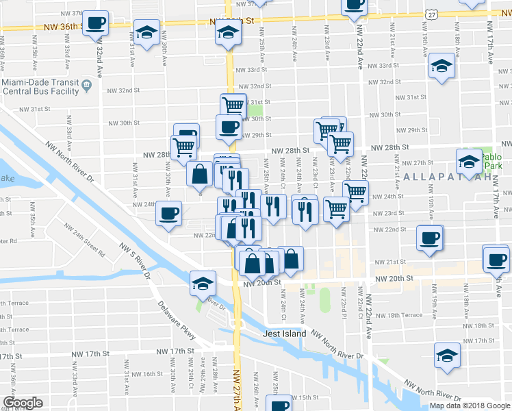 map of restaurants, bars, coffee shops, grocery stores, and more near 2308 Northwest 25th Avenue in Miami