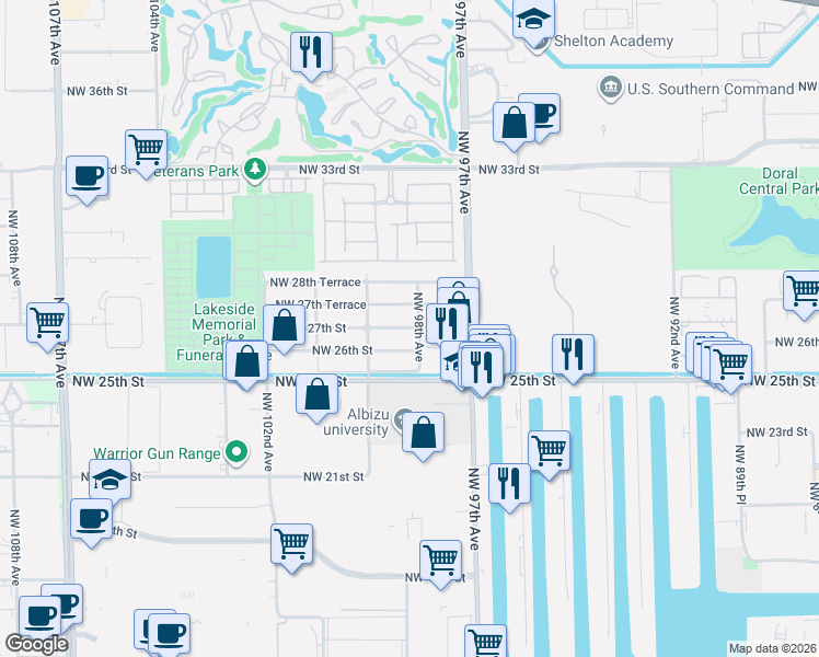 map of restaurants, bars, coffee shops, grocery stores, and more near 2686 Northwest 98th Avenue in Doral