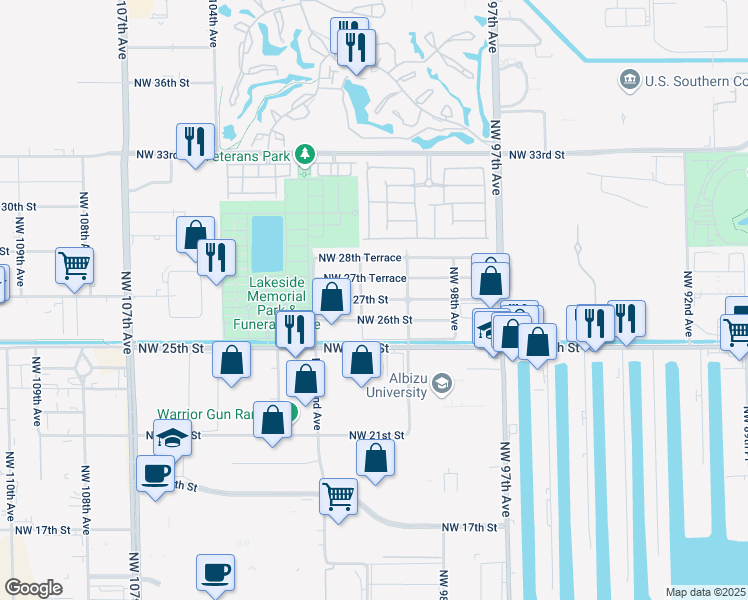 map of restaurants, bars, coffee shops, grocery stores, and more near 9938 Northwest 27th Street in Doral