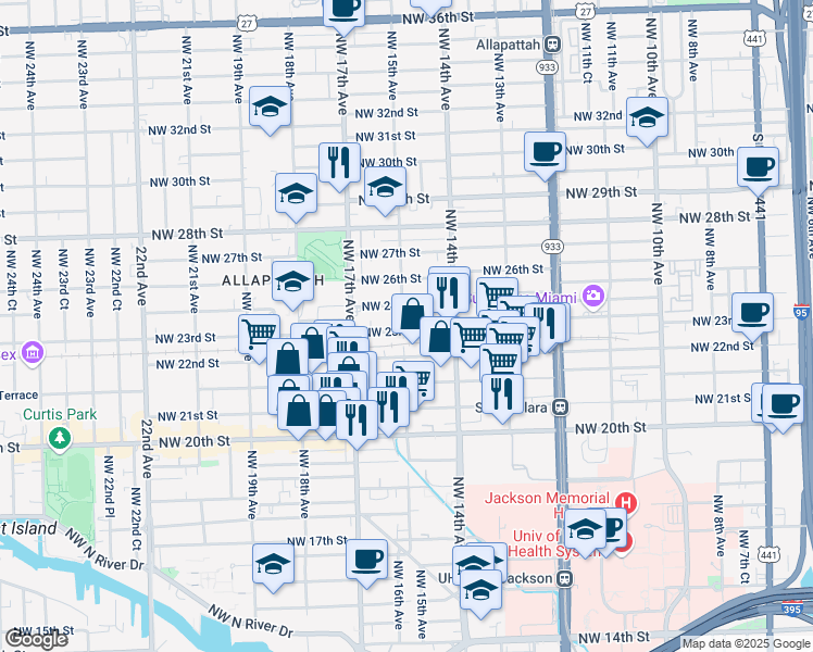 map of restaurants, bars, coffee shops, grocery stores, and more near 1495 Northwest 23rd Street in Miami