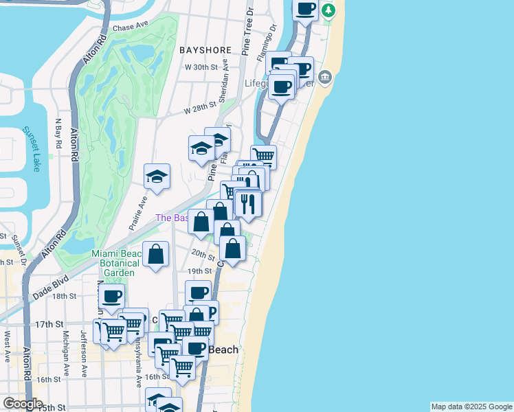 map of restaurants, bars, coffee shops, grocery stores, and more near 2301 Collins Avenue in Miami Beach