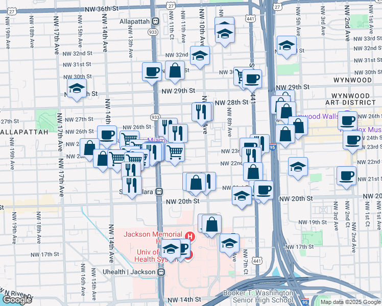map of restaurants, bars, coffee shops, grocery stores, and more near 1090 Northwest 23rd Street in Miami