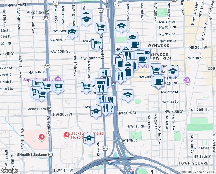 map of restaurants, bars, coffee shops, grocery stores, and more near 670 Northwest 23rd Street in Miami