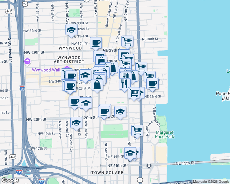 map of restaurants, bars, coffee shops, grocery stores, and more near 100 Northeast 23rd Street in Miami