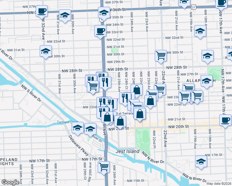 map of restaurants, bars, coffee shops, grocery stores, and more near 2308 Northwest 25th Avenue in Miami
