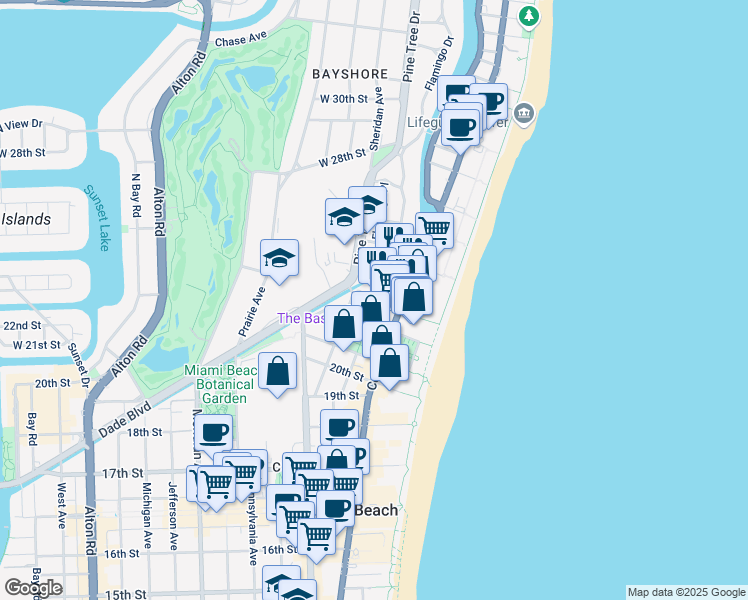 map of restaurants, bars, coffee shops, grocery stores, and more near 303 23rd Street in Miami Beach