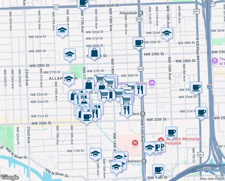 map of restaurants, bars, coffee shops, grocery stores, and more near 1408 Northwest 23rd Street in Miami