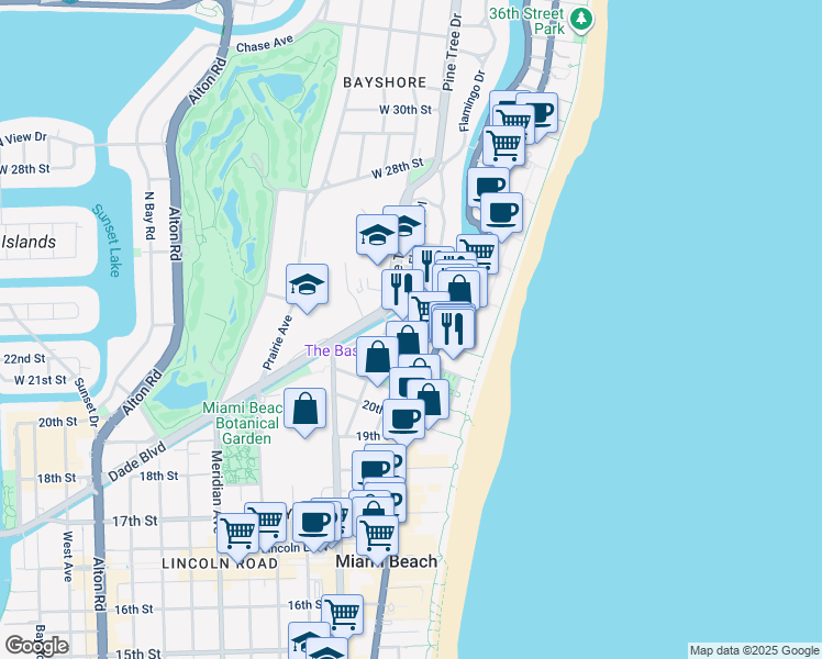 map of restaurants, bars, coffee shops, grocery stores, and more near in Miami Beach