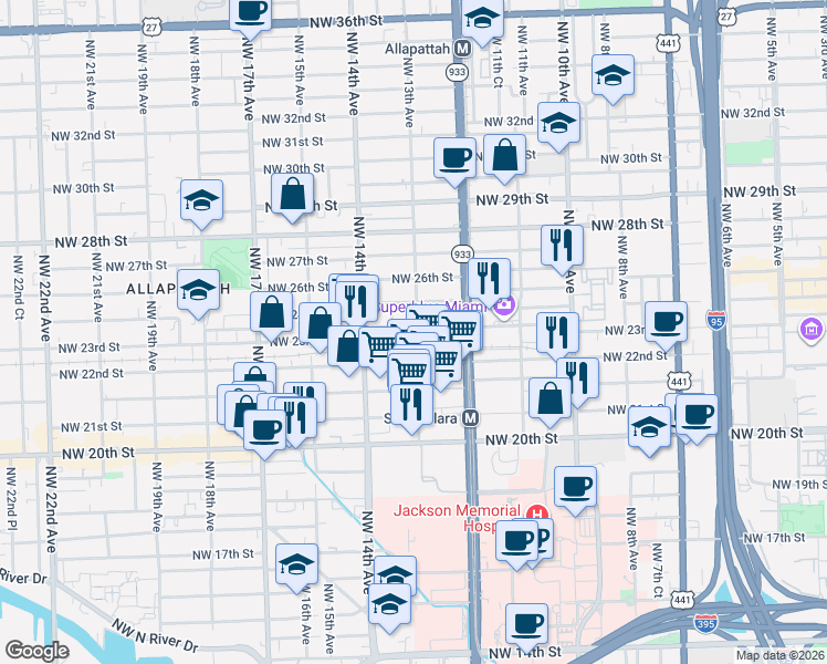 map of restaurants, bars, coffee shops, grocery stores, and more near 1299 Northwest 23rd Street in Miami