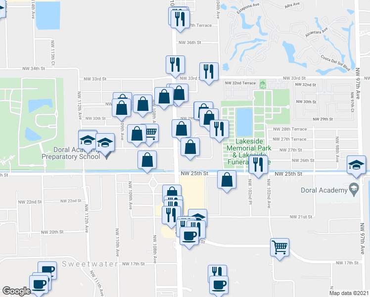 map of restaurants, bars, coffee shops, grocery stores, and more near 10610 Northwest 27th Street in Doral