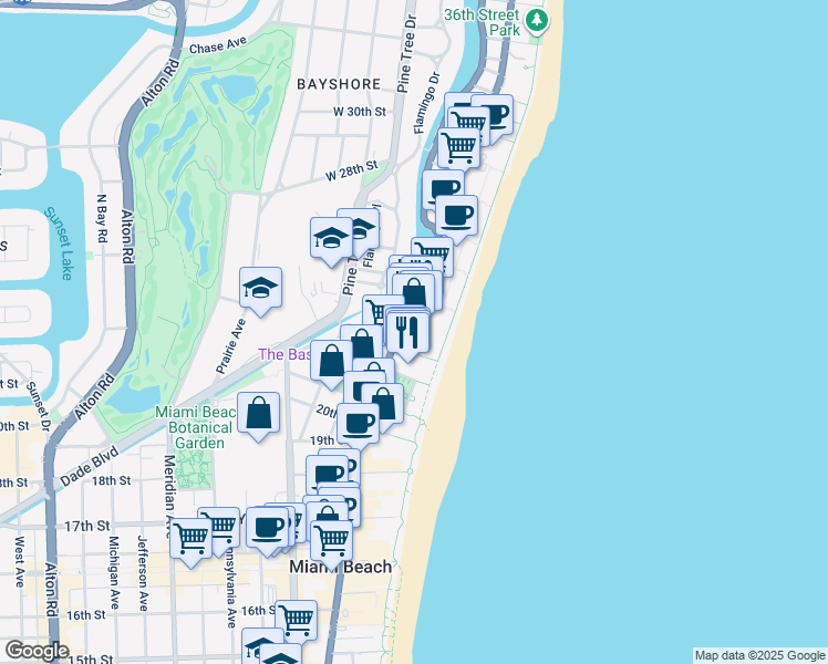map of restaurants, bars, coffee shops, grocery stores, and more near 2301 Collins Avenue in Miami Beach