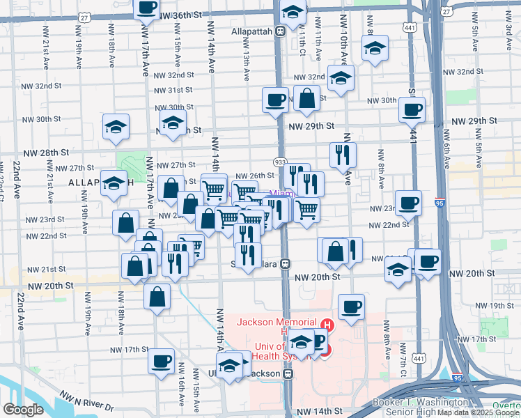 map of restaurants, bars, coffee shops, grocery stores, and more near 1299 Northwest 23rd Street in Miami