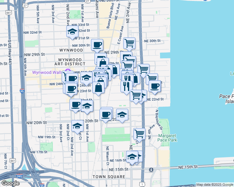 map of restaurants, bars, coffee shops, grocery stores, and more near 122 Northeast 23rd Street in Miami