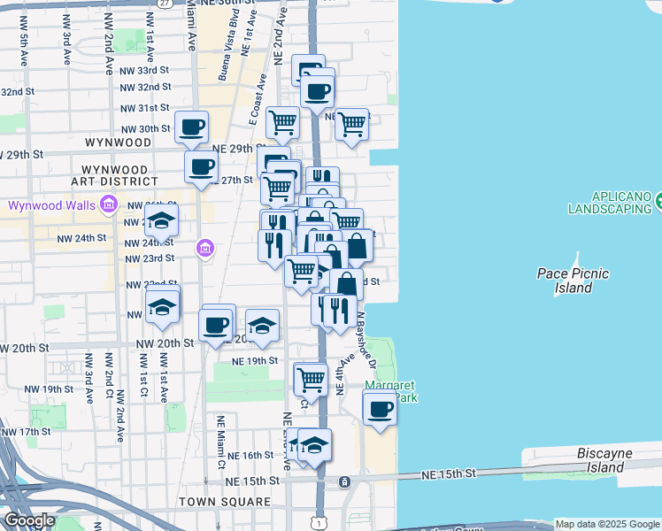 map of restaurants, bars, coffee shops, grocery stores, and more near 2200 Northeast 4th Avenue in Miami