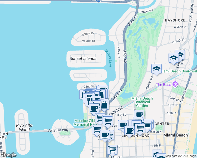 map of restaurants, bars, coffee shops, grocery stores, and more near 2135 Lake Avenue in Miami Beach
